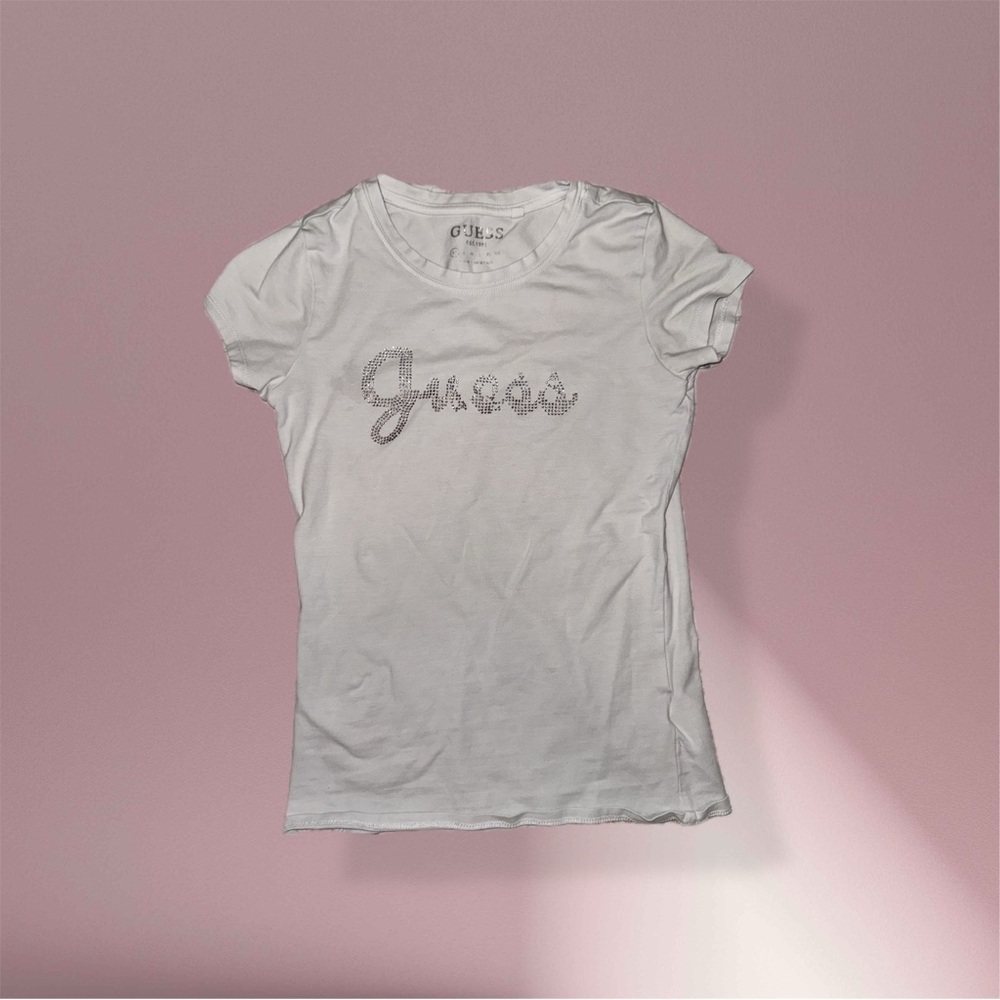 GUESS White Short Sleeve Tee with Rhinestone Detail